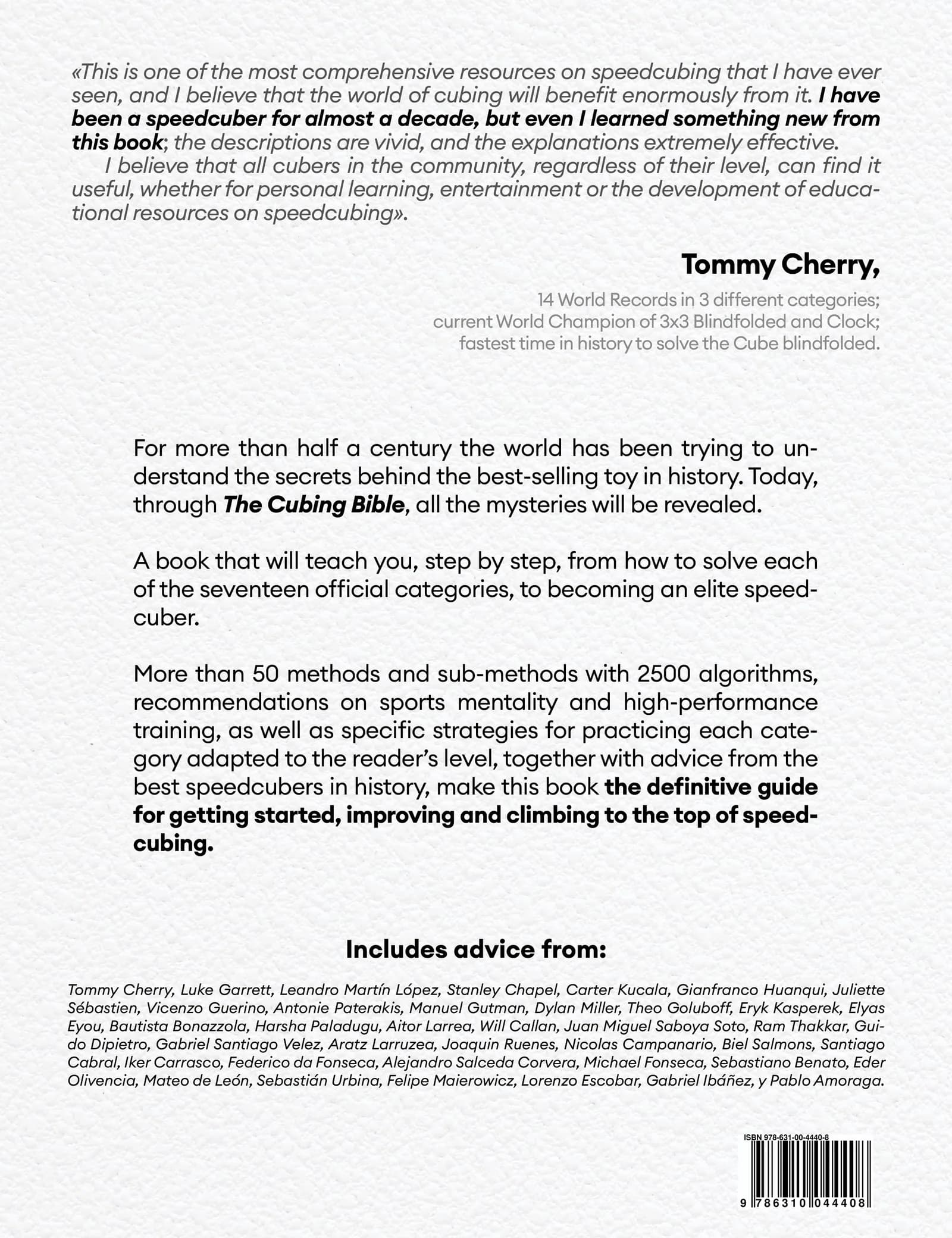 The Cubing Bible back cover featuring Tommy Cherry’s endorsement